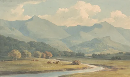 Carnedd Llewelyn und Carnedd David, Carnarvonshire, gesehen über den Fluss Ogwen